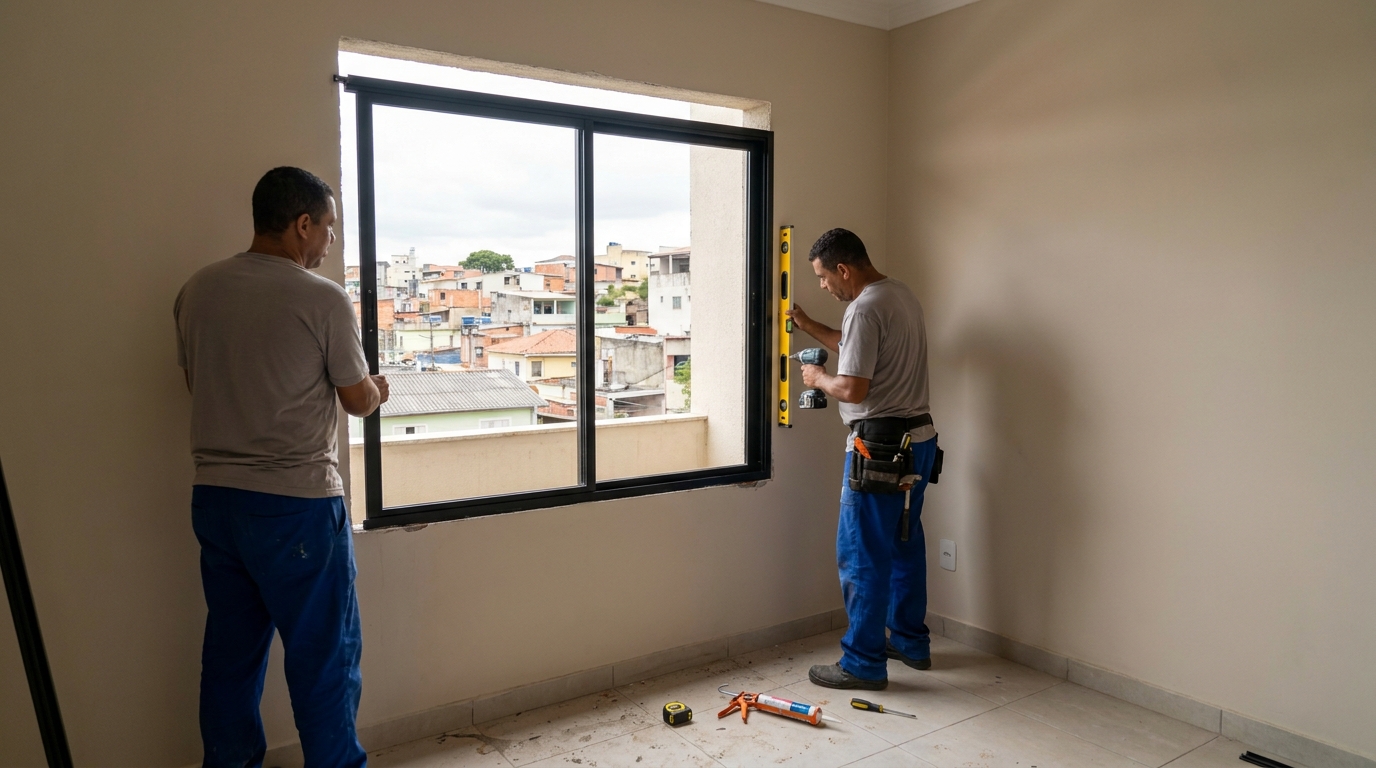 Esquadria de alumínio em quarto bege em São Bernardo do Campo-SP