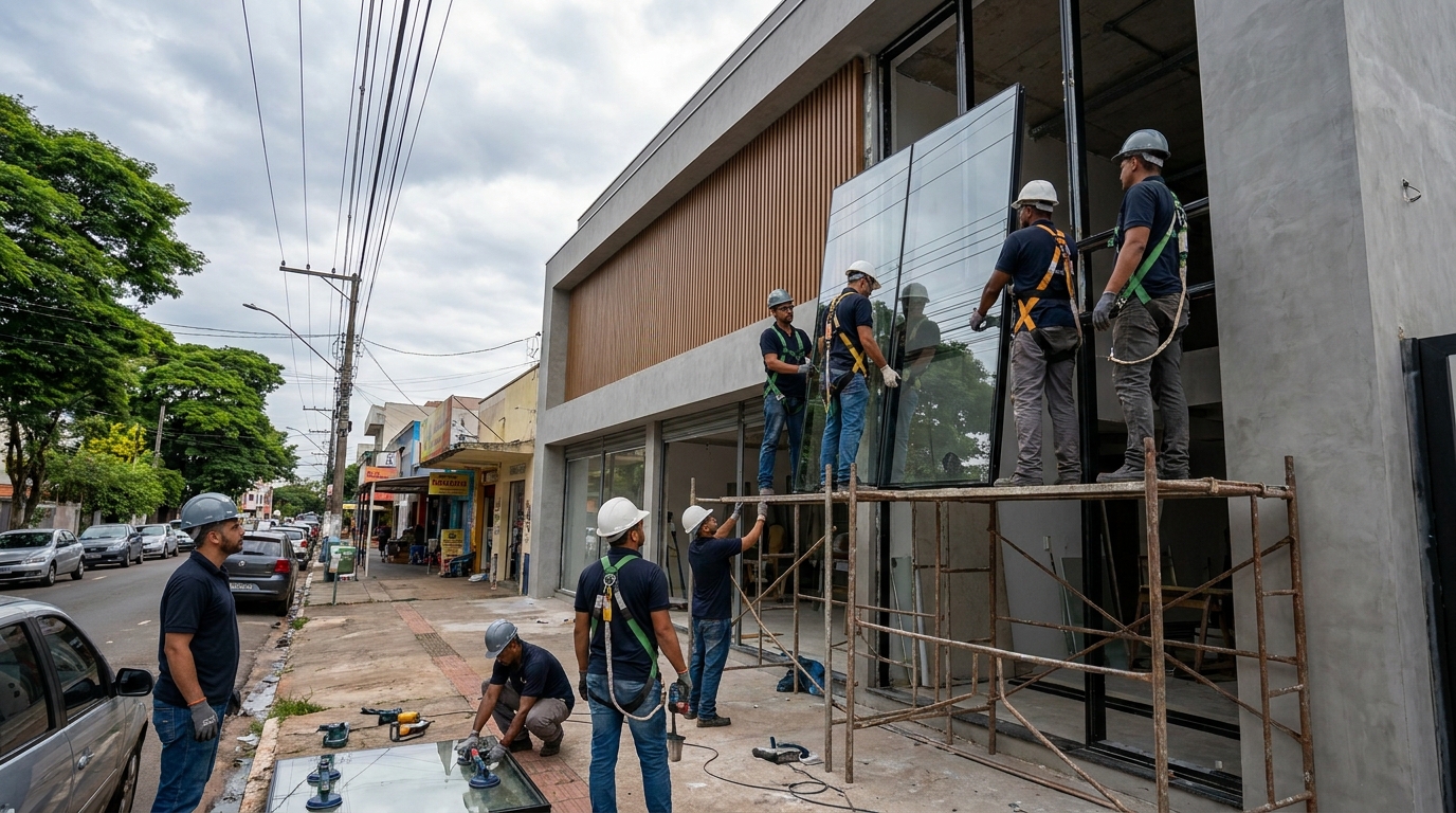Fachada de vidro com andaime lateral em São Bernardo do Campo-SP